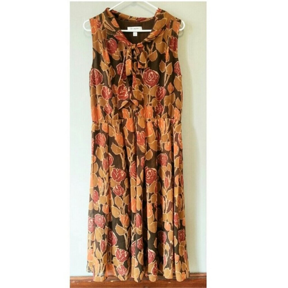 Isaac Mizrahi for Target Brown Scarf Tie Neck Rose Floral  Midi Dress16 EUC